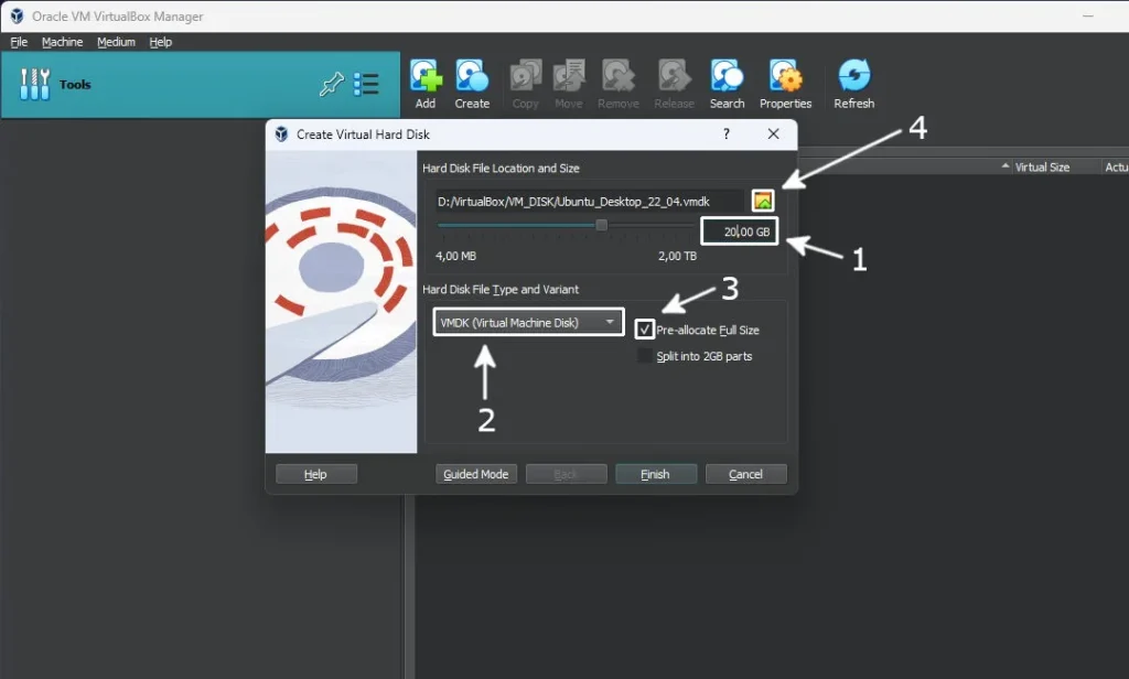 Oracle VM Virtual Box Manager application is running with "Create Virtual Hard Disk" context window opened showing options for new virtual hard disk.
