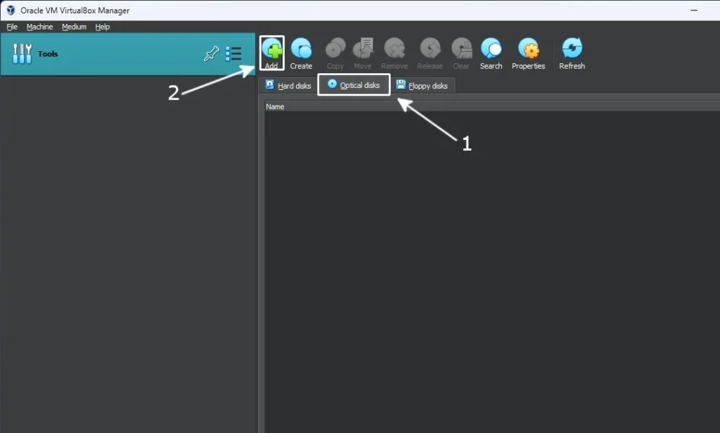 Oracle VM Virtual Box Manager application is running with Add new optical disk option highlighted.