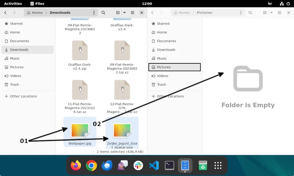 The Nautilus file manager application is running, with images for user avatar and wallpaper highlighted.