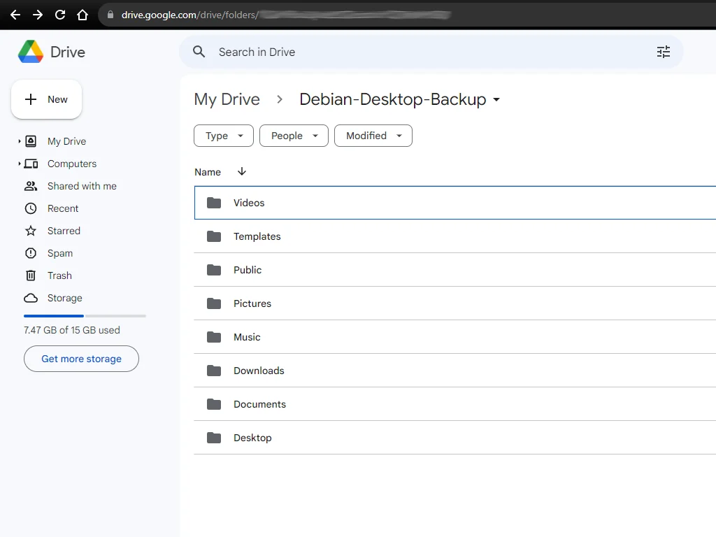 Google drive running in web browser and showing a backed up folders.
