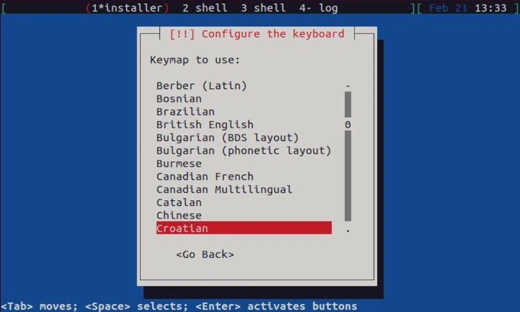 Debian textual installer running with "Croatian" keymap selected.