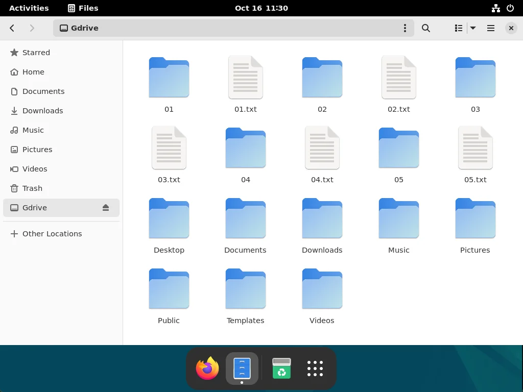 Nautilus file manager is running and locally mounted "Gdrive" folder is opened.
