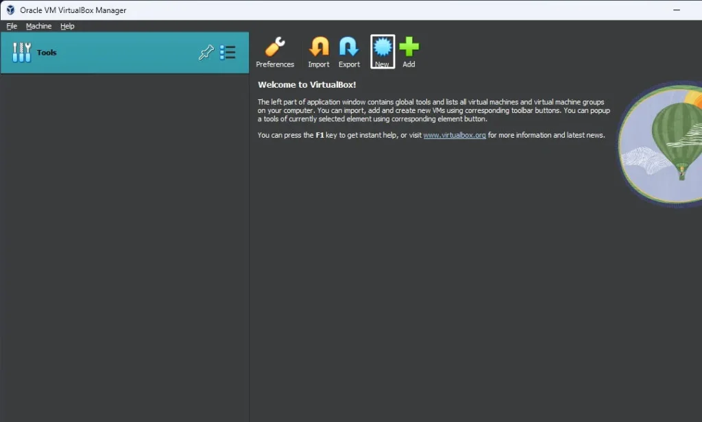 Oracle VM Virtual Box Manager application is running with add New virtual machine button highlighted in main menu.