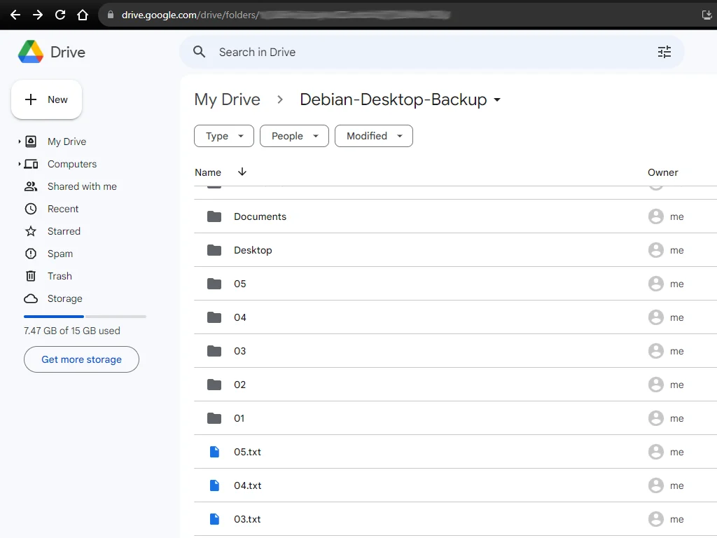 Google drive running in web browser and showing a backed up folders.