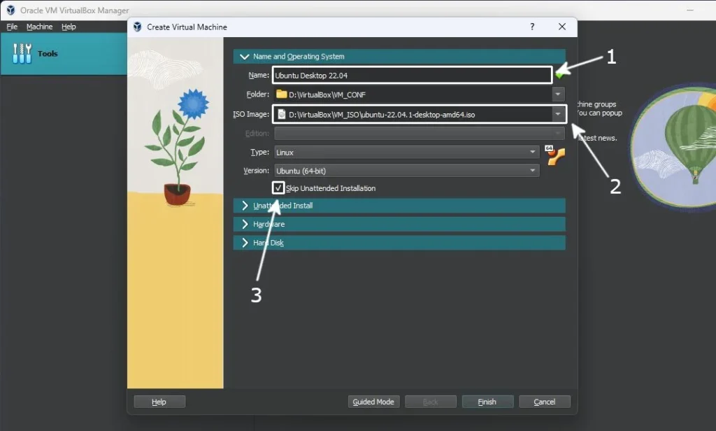 Oracle VM Virtual Box Manager application is running with with "Create Virtual Machine" context window in foreground displaying new virtual machine configuration options.