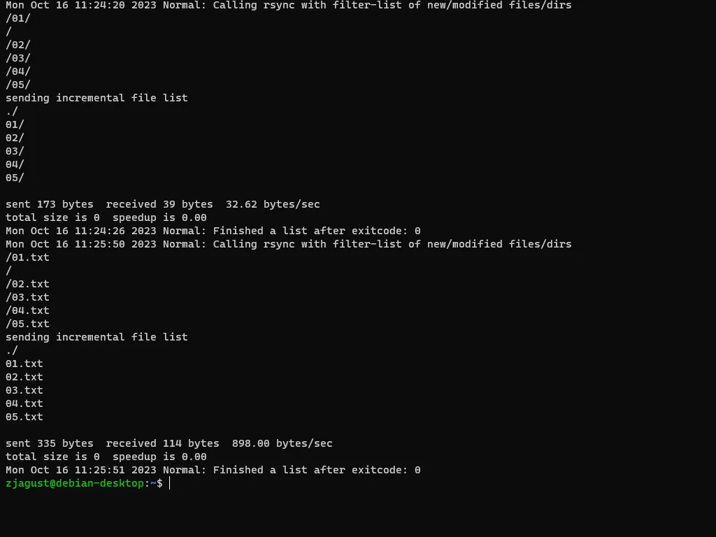 Linux console is running with a listed lsyncd log.