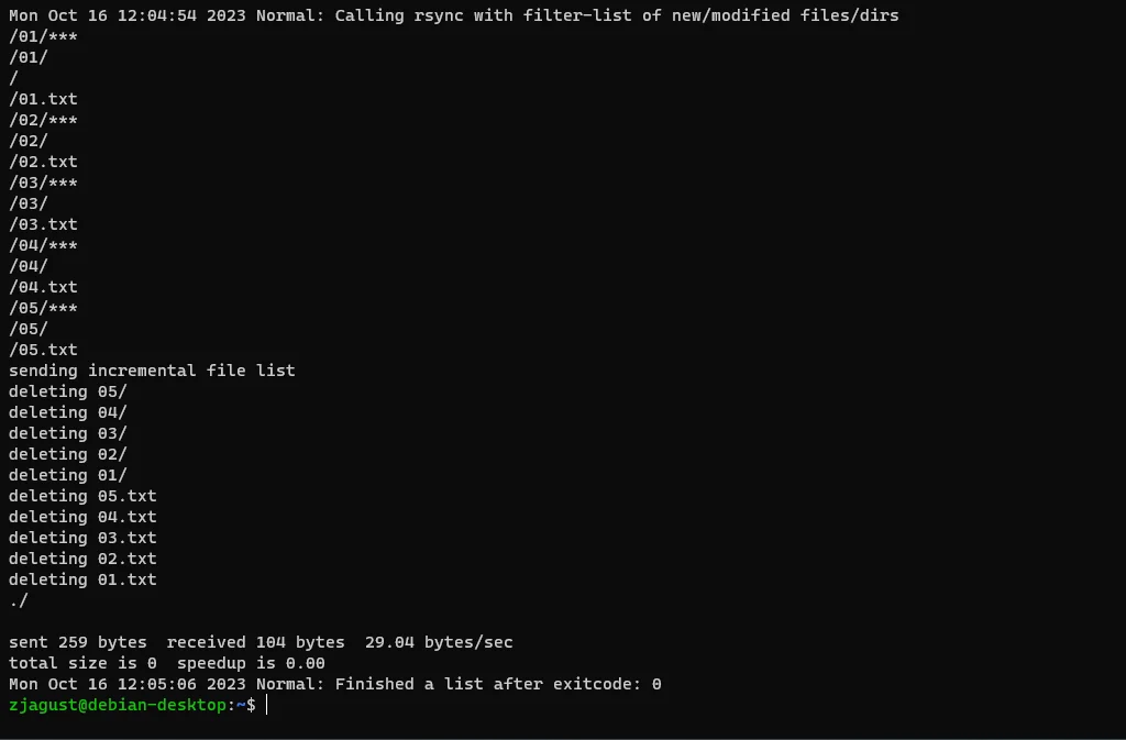 Linux console is running with a listed lsyncd log.
