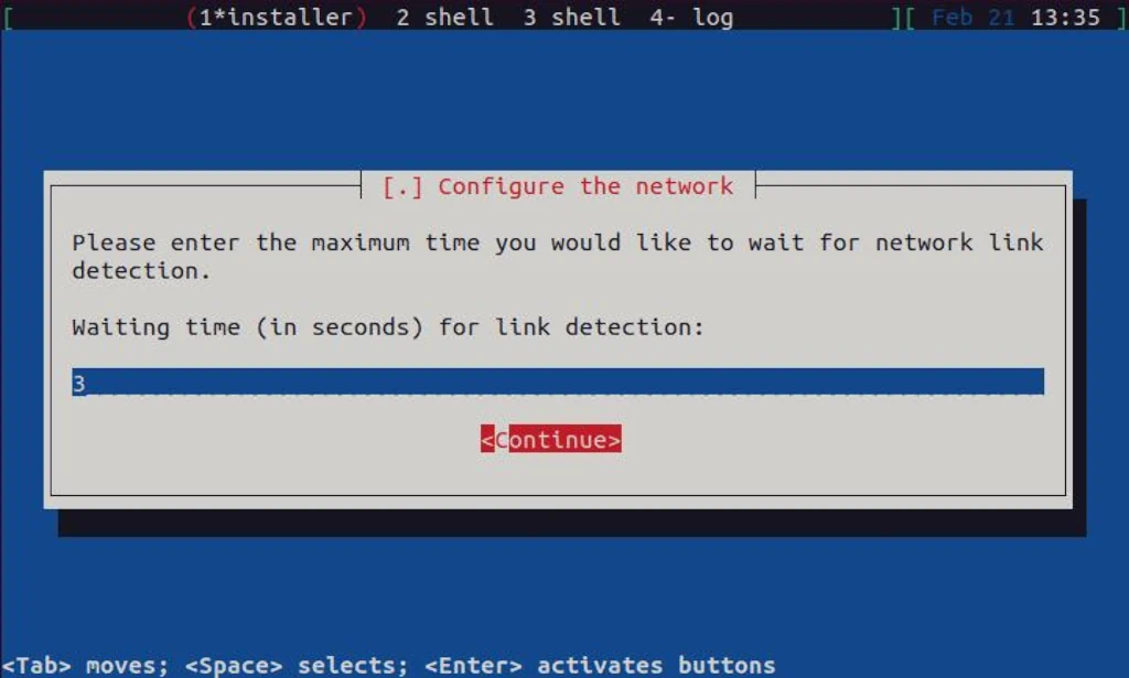 Debian textual installer running with link detection timeout defined.