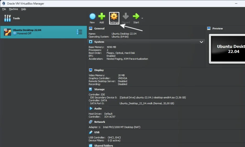Oracle VM Virtual Box Manager application is running with a highlighted Setting tab for a new virtual machine.