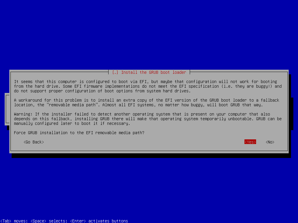 Debian textual installer running and showing a warning about installing GRUB to the EFI removable media path.