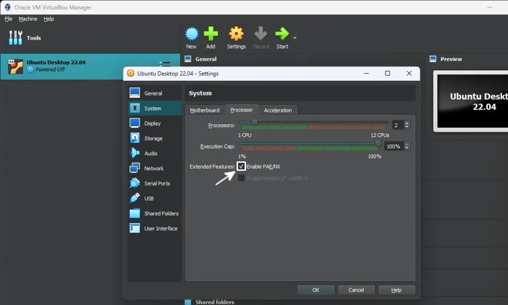Oracle VM Virtual Box Manager application is running with virtual machine settings window opened in a foreground. Processor tab is active with "Enable PAE/NX" option highlighted.