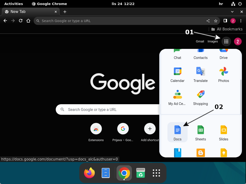 Google Chrome browser runs with a default home page and an active Applications context window, where the Docs application is highlighted.