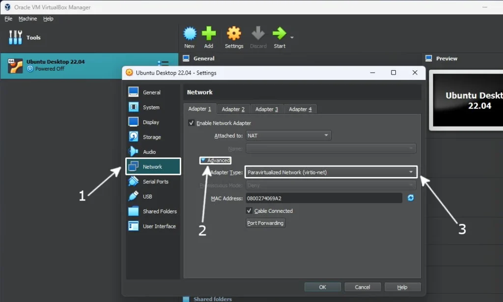 Oracle VM Virtual Box Manager application is running with virtual machine settings window opened in a foreground. Network options are displayed.