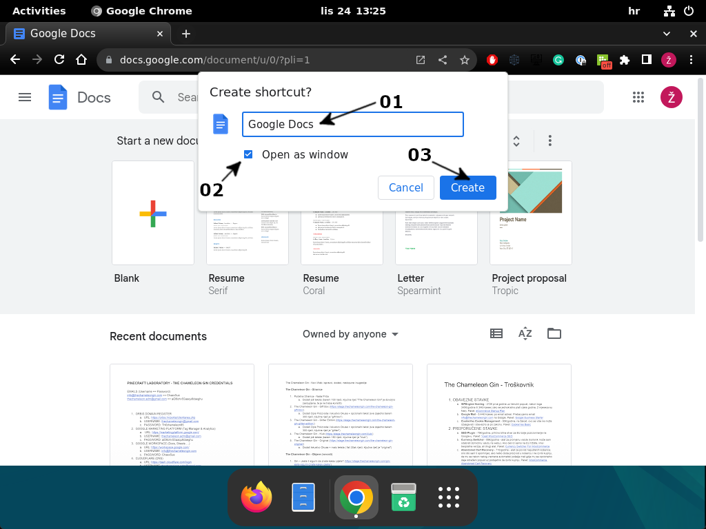 The create shortcut context window is opened in Google Chrome browser.