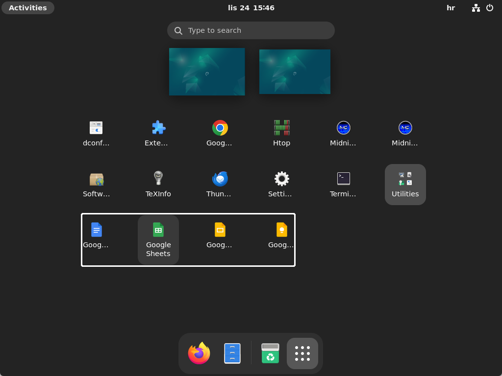GNOME Applications is running with Google Office suite shortcuts highlighted.
