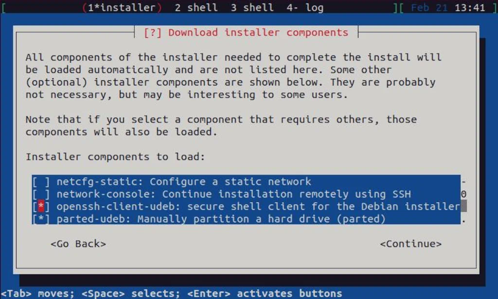 Debian textual installer running with "openssh-client-udeb" and "parted-udeb" additional installer components selected.