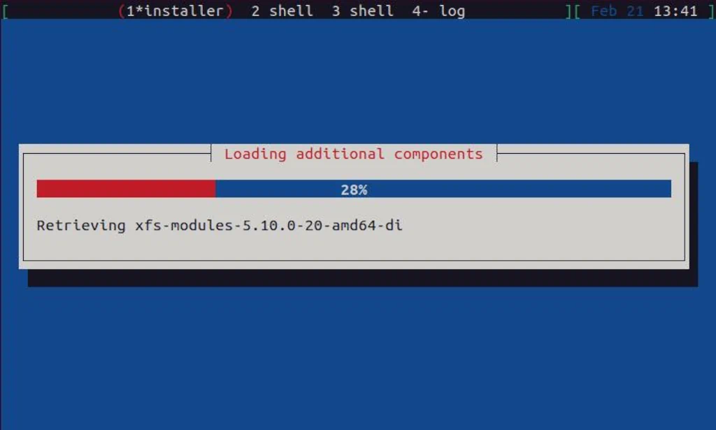 Debian textual installer running with with "Loading additional components" installation progress bar displayed.