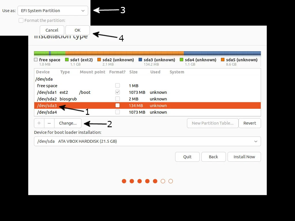 Ubuntu operating system installer Disk Partitioner is displayed with the options for the EFI system partition.
