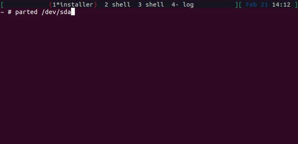 Debain installer shell prompt with "parted" command executed.