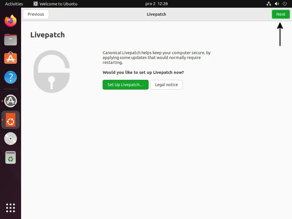 Ubuntu Livepatch application is opened.