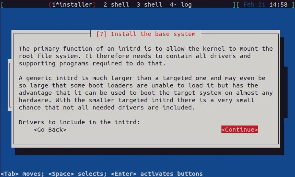 Debian textual installer running with initrd drivers info displayed.