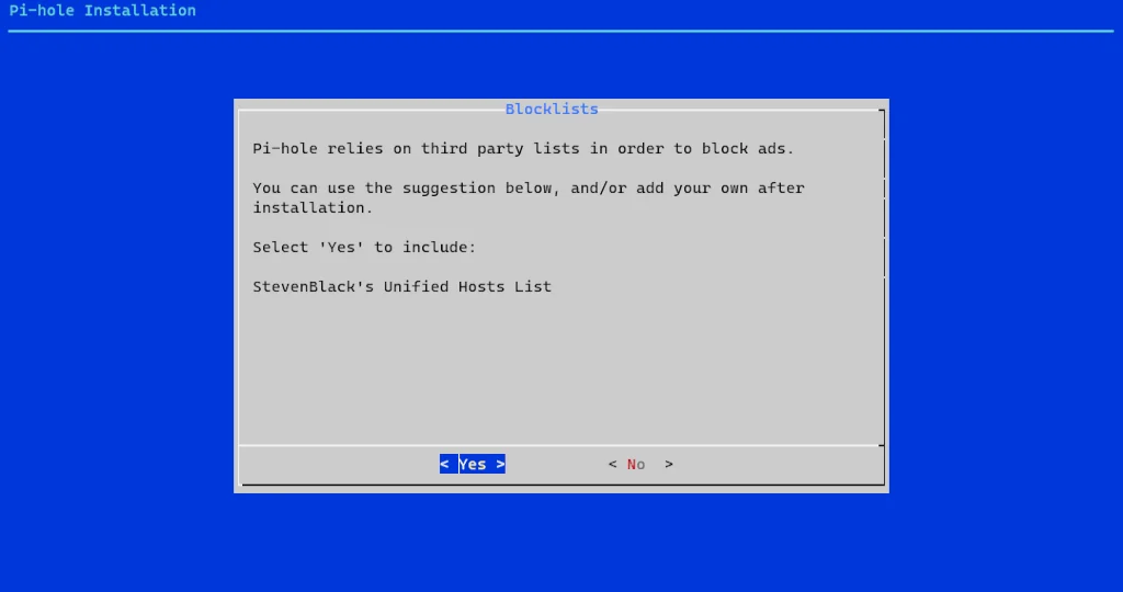 The pi-hole automated installer is running and requesting a block list.