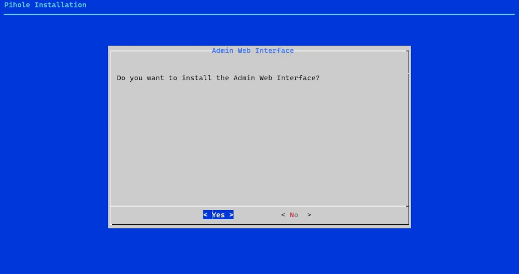 The pi-hole automated installer is running, asking if the admin web interface should be installed.