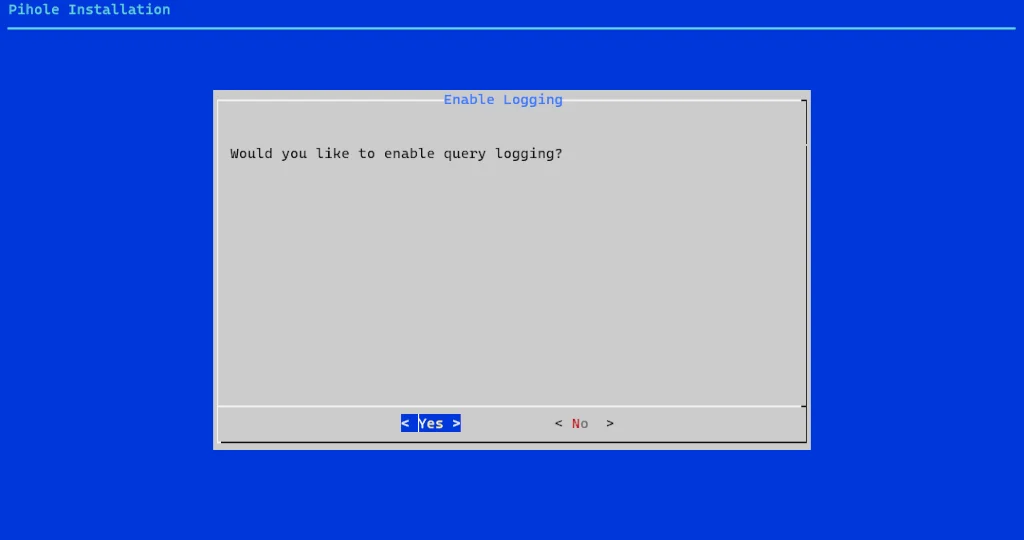The pi-hole automated installer is running, asking if query logging should be enabled.