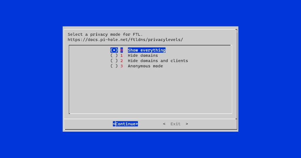 The pi-hole automated installer is running, asking to select a privacy mode.