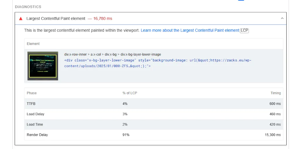 Google PageSpeed Insights shows details of the LCP element causing problem.