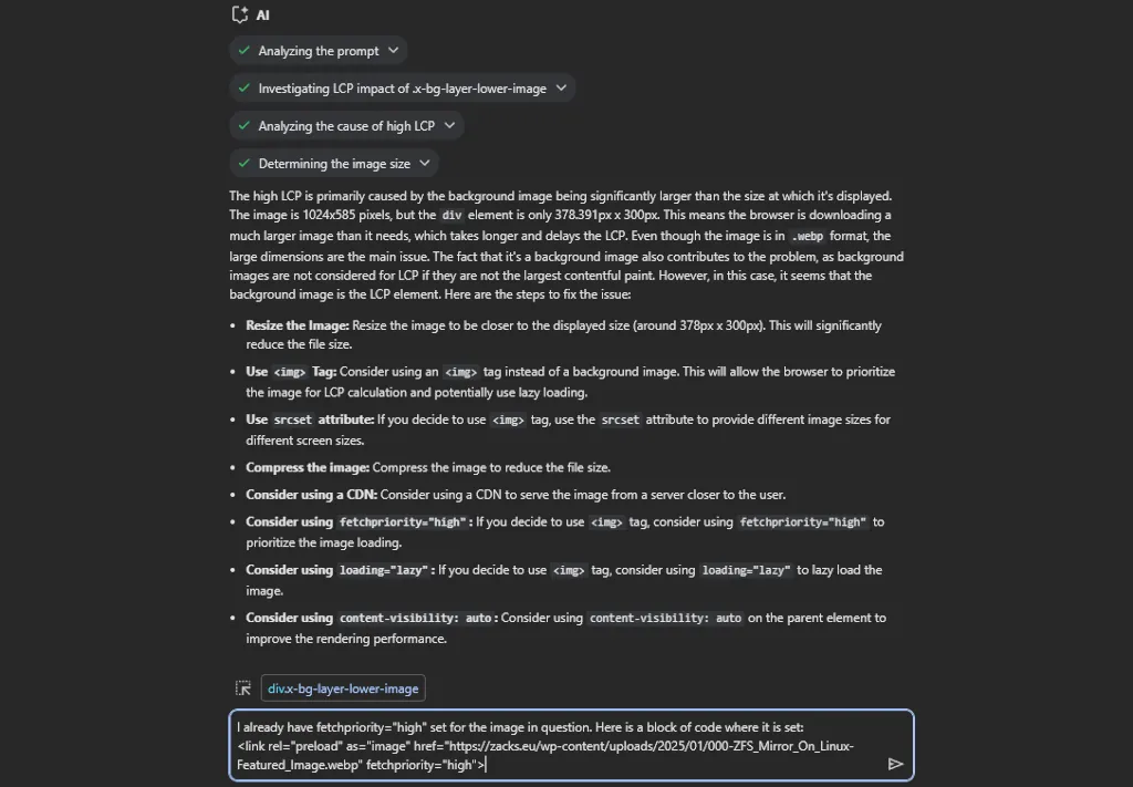 Google Development Tools opened with the AI assistance tab active, and a question was asked in the prompt.