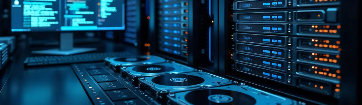 High-tech data center, multiple hard drives and SSDs in an intricate RAID array, glowing circuit lines indicating data redundancy, Linux terminal screen displaying disk management commands, the futuristic color scheme of electric blue, sleek silver, and deep black, high detail, hyper-realistic ambiance, moody lighting, ultra-detailed environment reflecting cutting-edge technology, ideal for tech enthusiasts, overclocked eyes on innovative digital architecture.